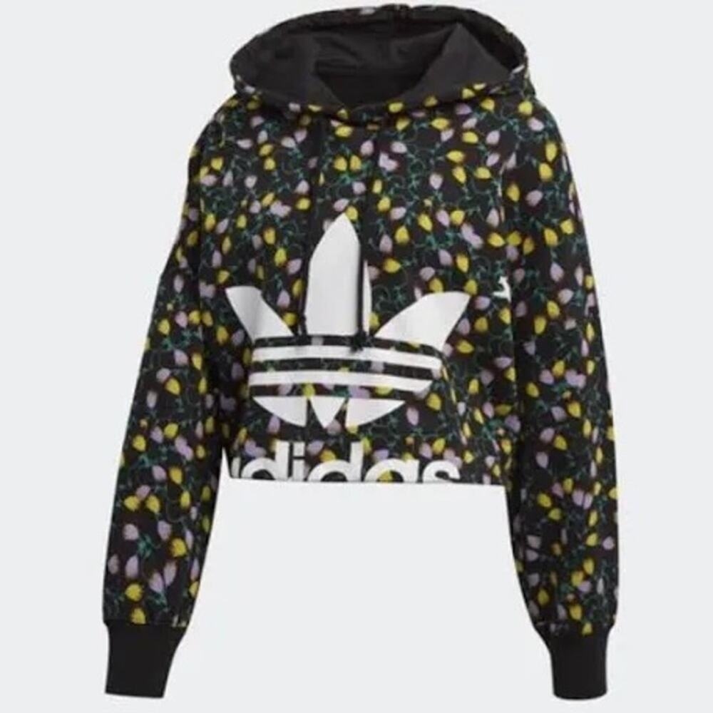 Adidas Originals Floral Tulip Cropped Hoodie Womens M Black Trefoil Y2K
